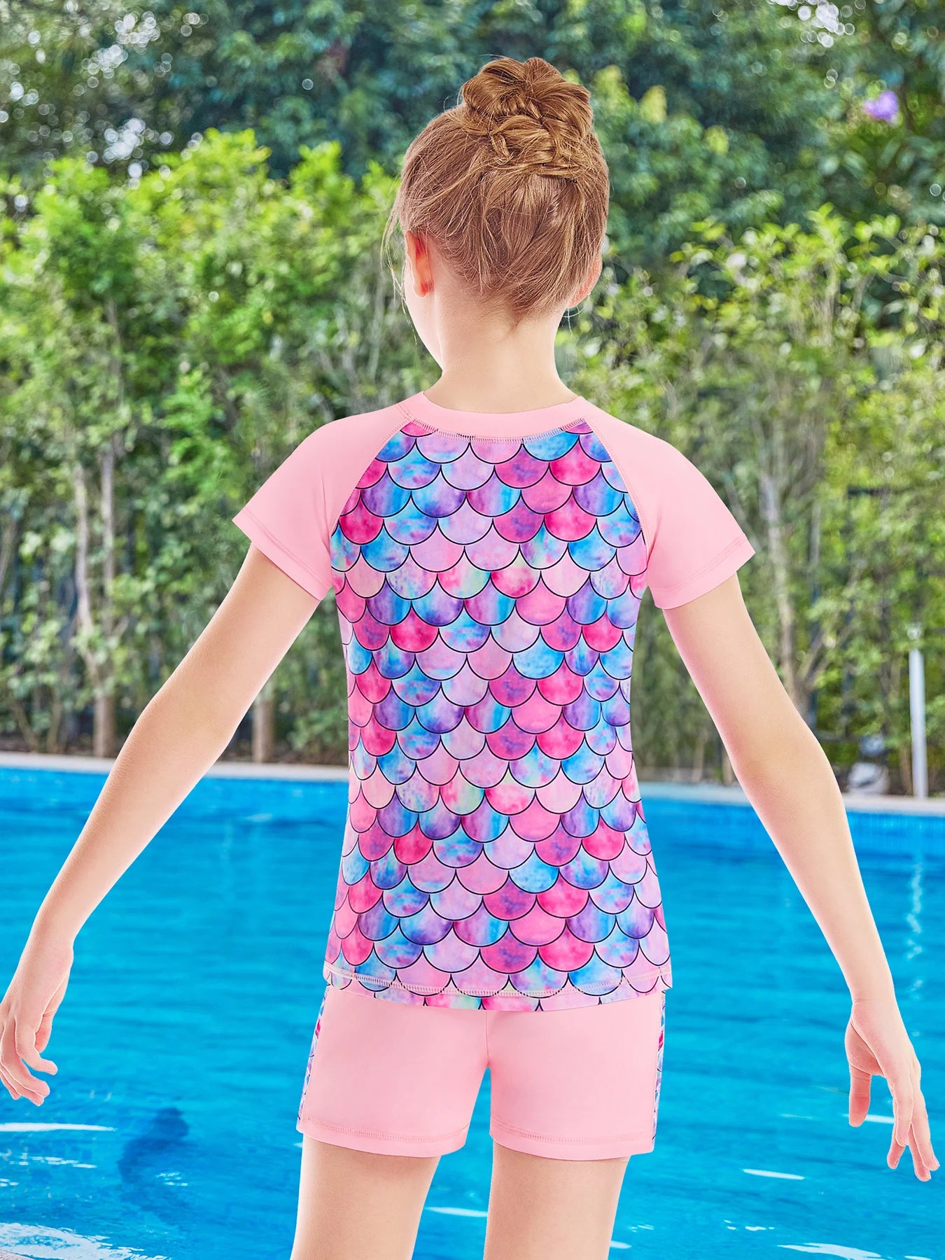 2pcs Kids Girls Short Sleeve Tops Swim Shorts Scale Print Patchwork Beach Bathing Swimwear