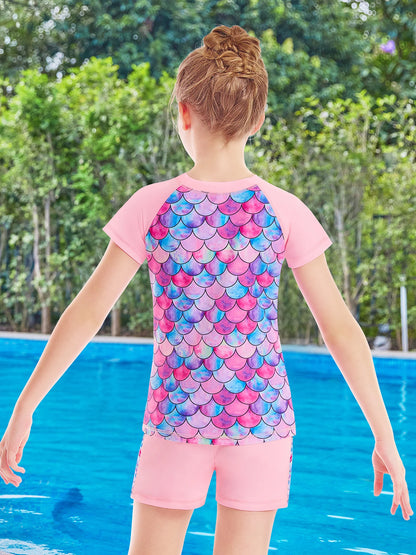 2pcs Kids Girls Short Sleeve Tops Swim Shorts Scale Print Patchwork Beach Bathing Swimwear