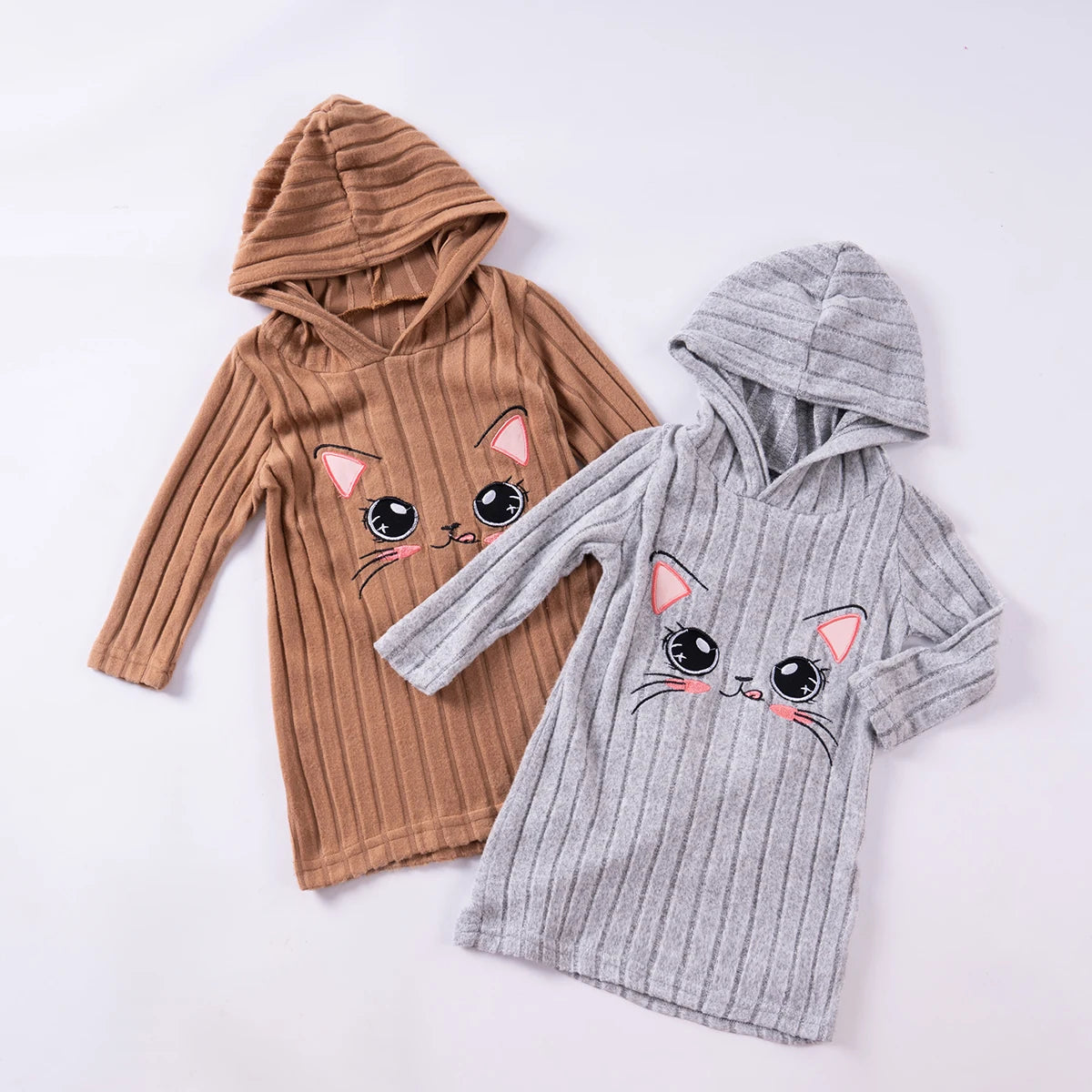 Kids Girl Solid Hoodie Cute Cartoon Pattern Pit Strip Knitted Party Shirt Dress