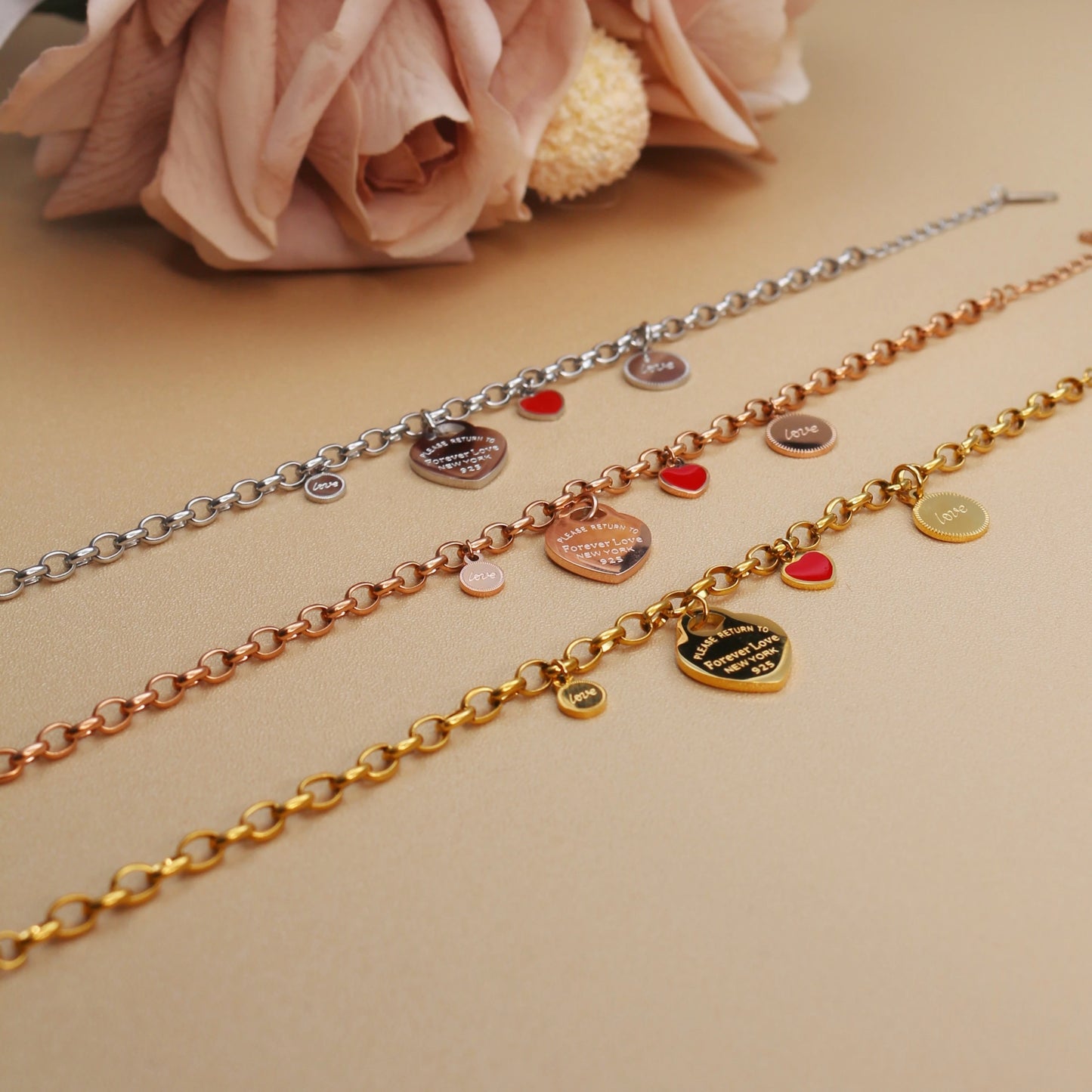Women Fashion Stainless Steel Gold color Bangle LOVE Heart Pendant LOVE Bracelet