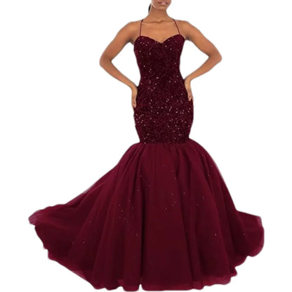 Sparkly Sequin Prom Women Long Tulle Halter Ball Gown Sleeveless Mermaid Formal Evening Party Dress