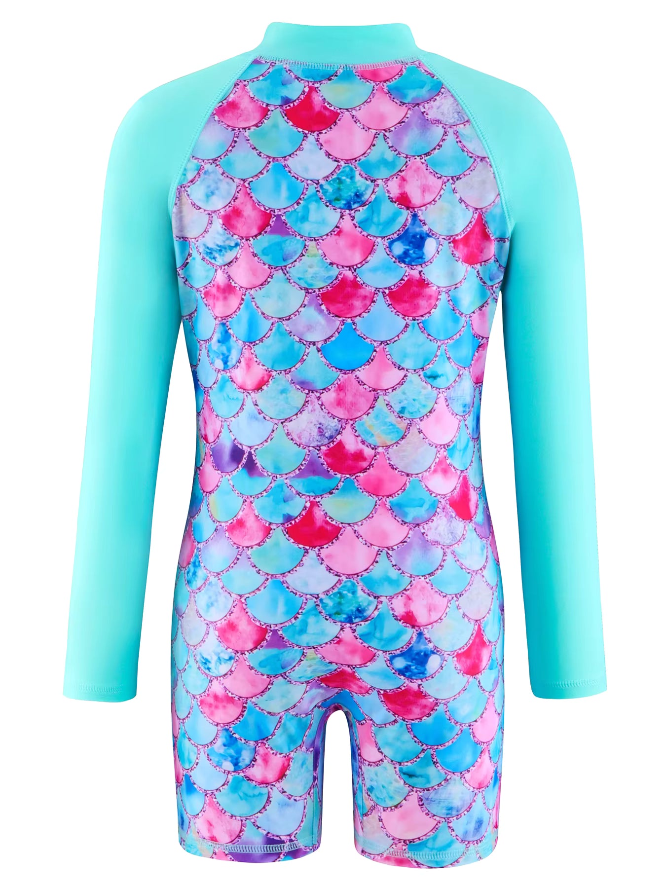 Girls Kids One-Piece Long Sleeve Sport 3D Scale Print Beach Boyleg Shorts Swimming Bathing Swimsuit Suit
