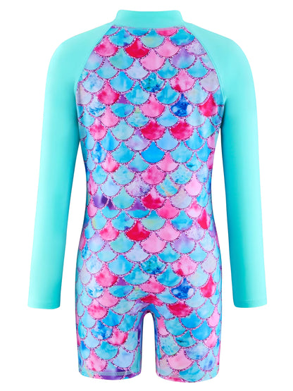 Girls Kids One-Piece Long Sleeve Sport 3D Scale Print Beach Boyleg Shorts Swimming Bathing Swimsuit Suit