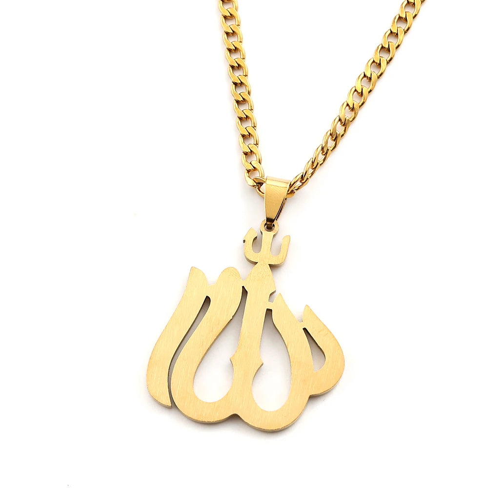 Men Women Stainless Steel Gold Color Muslim Chain Amulet Islamic Arabic Allah Full Rhinestones Pendant Necklace