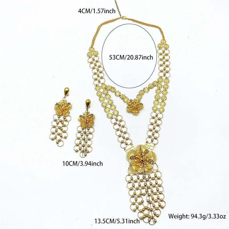 Italian Long Flower Women Bridal Indian Dubai Gold Color Necklace Earrings Sets