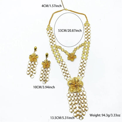 Italian Long Flower Women Bridal Indian Dubai Gold Color Necklace Earrings Sets