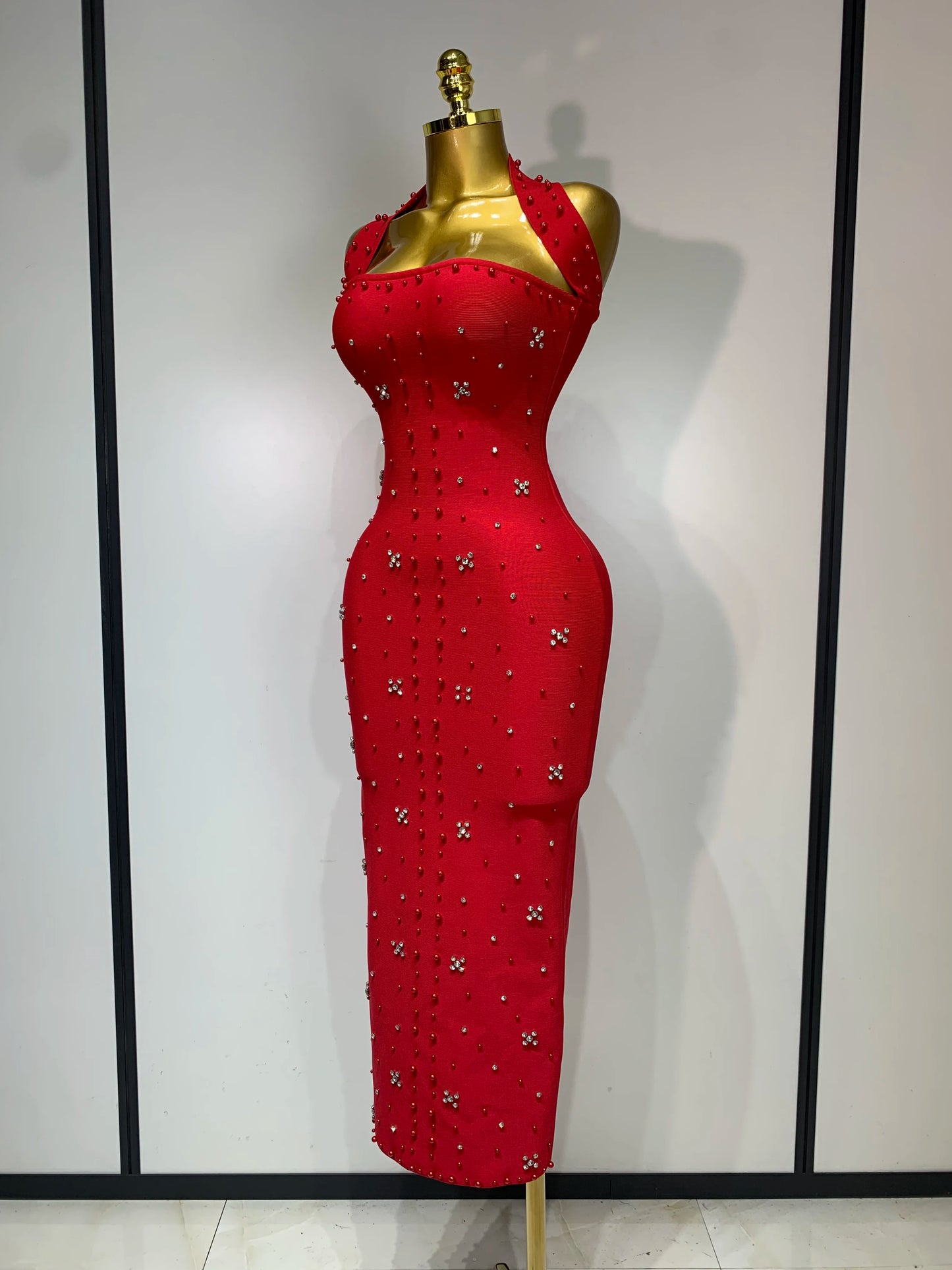 Sexy Sparkly Rhinestone Pearl Halter Backless Bandage Long Birthday Evening Party Dress
