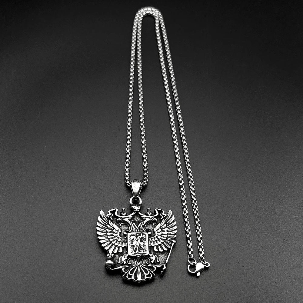 Women Men Silver Color Stainless Steel Russian Double-Headed Eagle National Emblem Symbol Pendant Necklace
