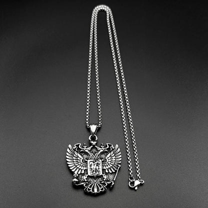 Women Men Silver Color Stainless Steel Russian Double-Headed Eagle National Emblem Symbol Pendant Necklace