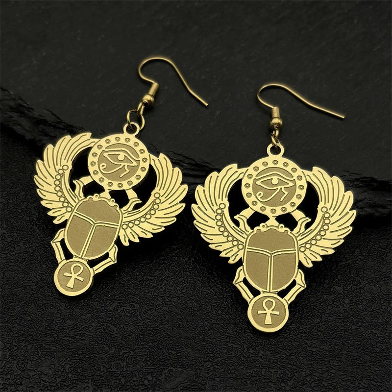 Key Of Life Egyptian Scarab Eye of Ra Horus Symbol Stainless Steel Gold Color Pendant Necklace