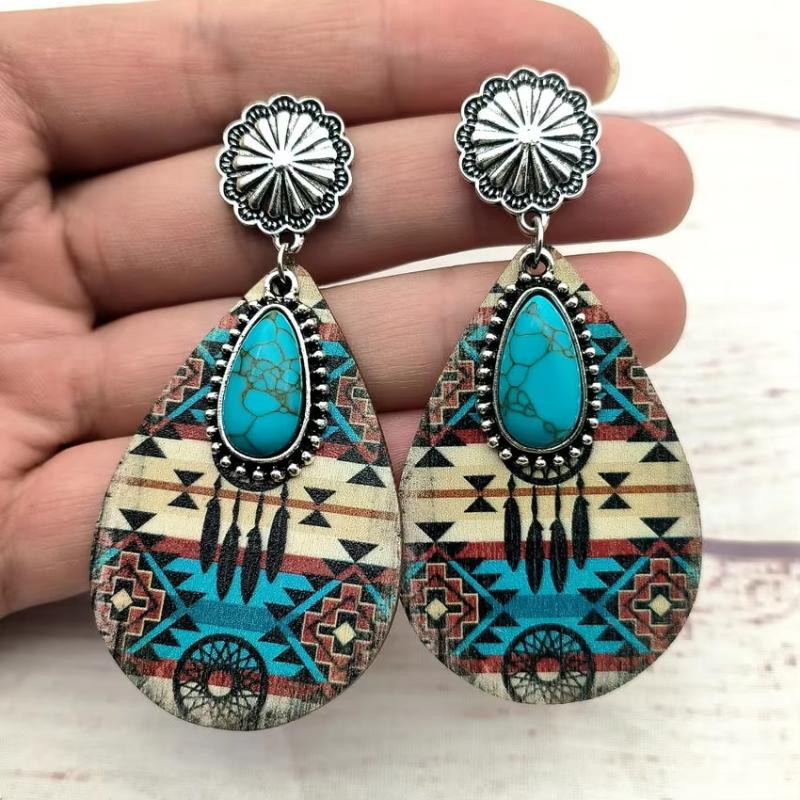 Women Turquoise Teardrop Wooden Aztec Teardrop Earrings