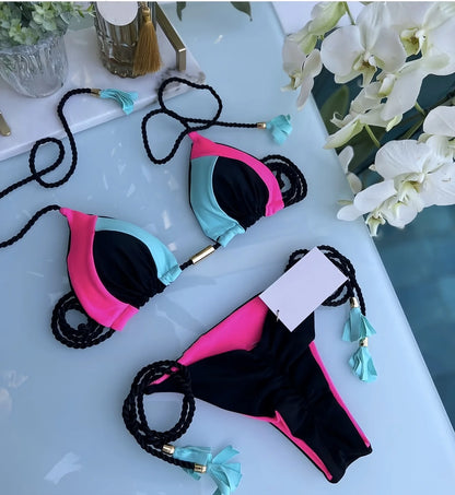 Solid Splice Swimwear String Halter Two-piece Triangle Micro Bikini Thong Sexy Swimsuit Bathing Suit