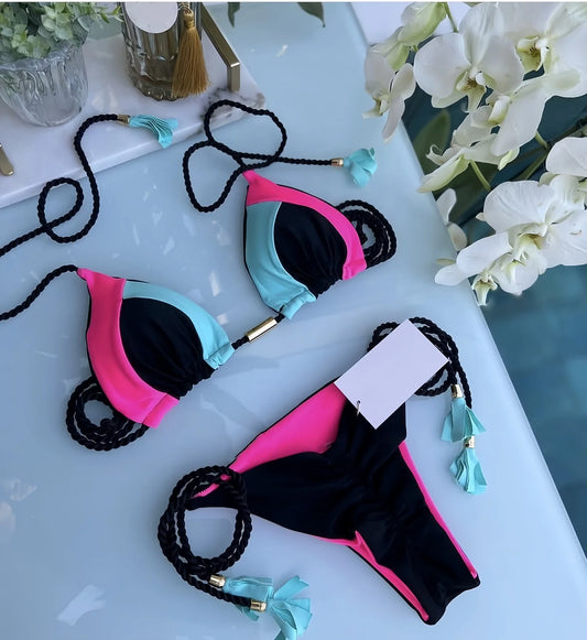 Solid Splice Swimwear String Halter Two-piece Triangle Micro Bikini Thong Sexy Swimsuit Bathing Suit