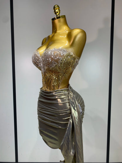Sexy Strapless Sequins Rhinestone Gold Dress Glitter Two Pieces Birthday Evening Party Night Dress