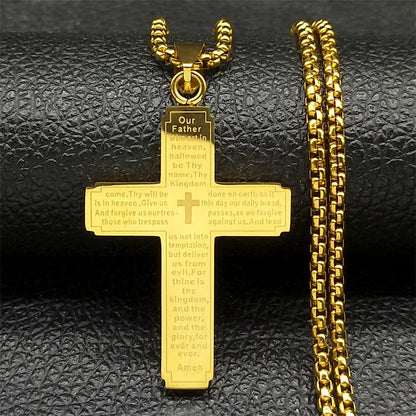 Women Men Stainless Steel Gold Color Religion Prayer Catholic Scriptures Cross Bible Pendant Necklace