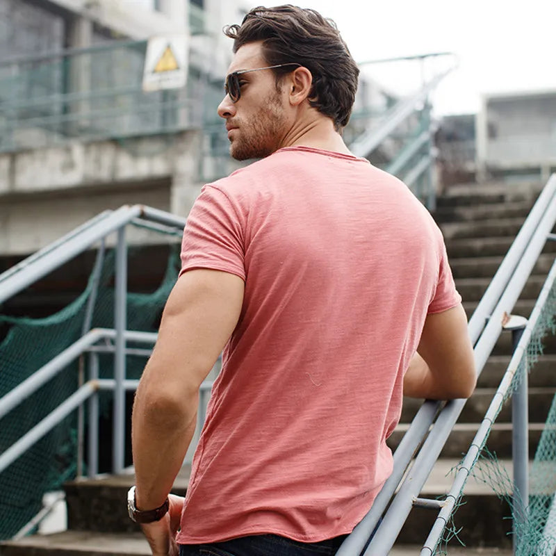 Brand Men's V-neck Slim Fit Pure Cotton Fashion Short Sleeve T-shirt Tops