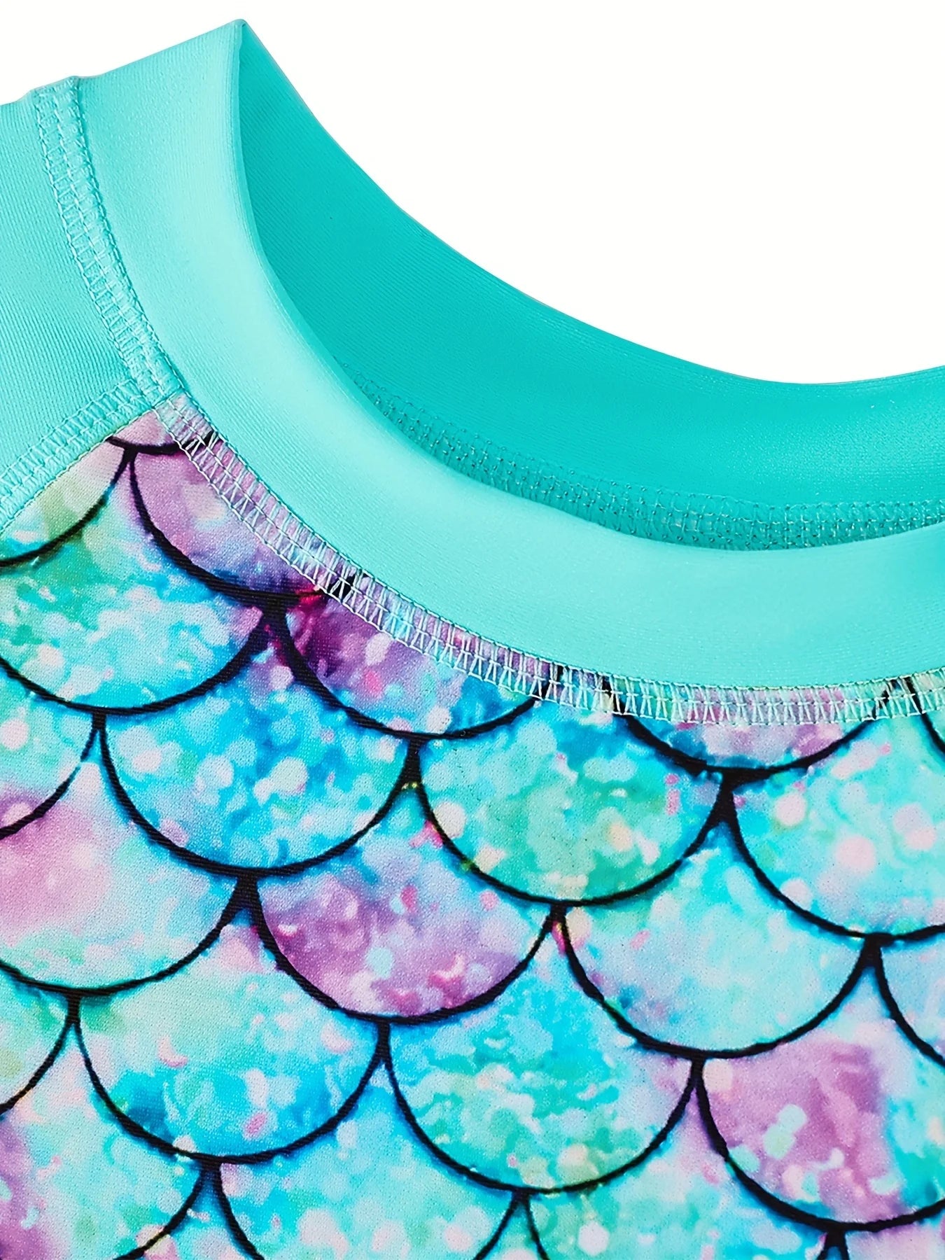 2pcs Kids Girls Mermaid Scale Print Short Sleeve Rash Guard Tops Boyleg Shorts Swimwear Suit