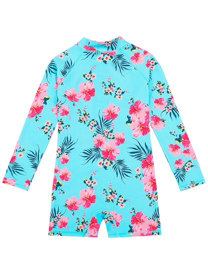 Girls Kids One Piece Long Sleeve Floral Print Beach Swim Rash Guard Boyleg Shorts Swimwear