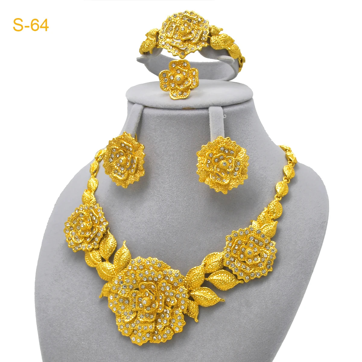 Brazilian 24K Gold Plated Women Dubai Indian African Bridal Wedding Big Pendant Necklace Earringsaf