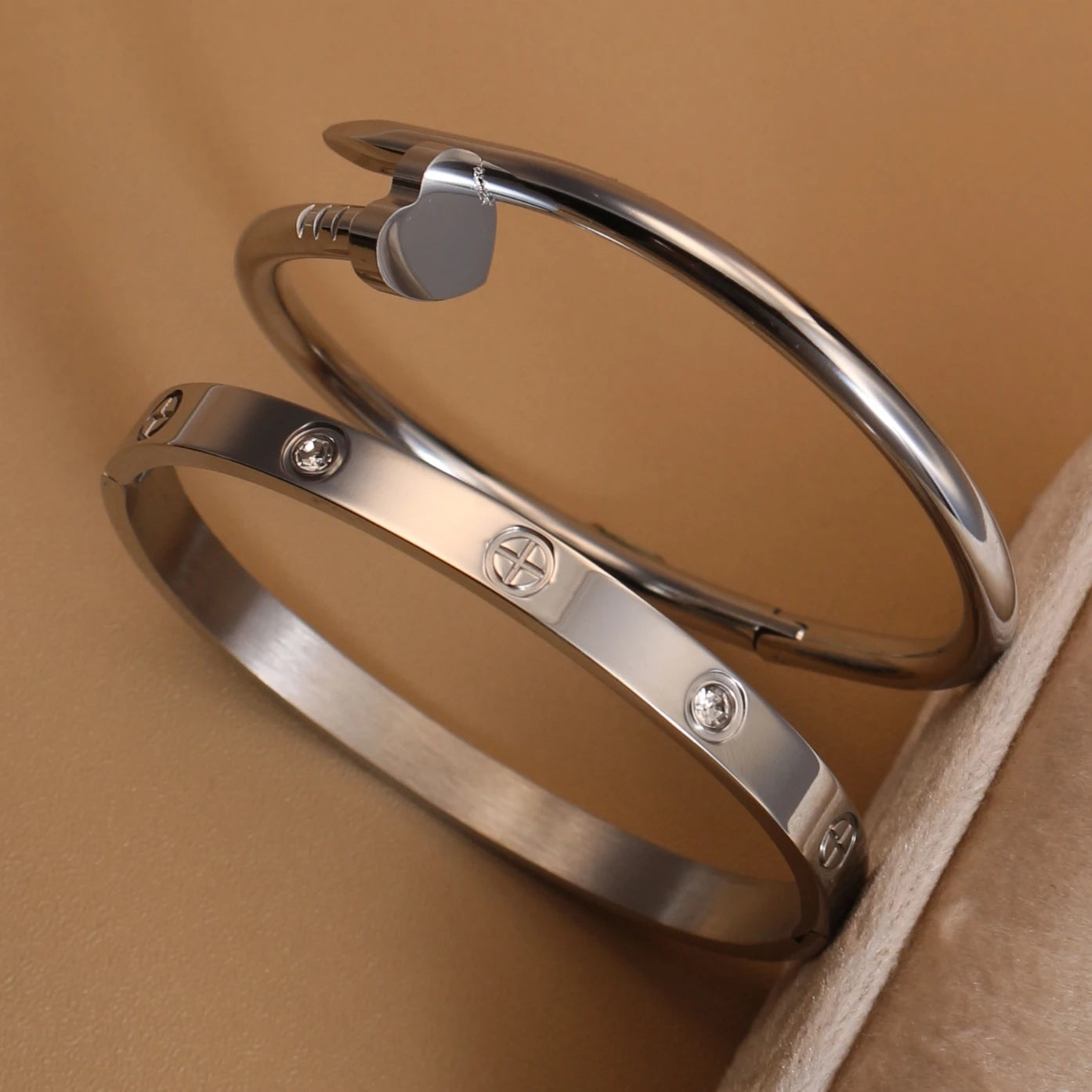 Women Heart Shaped Zircon Stainless Steel Gold Color 2-in-1 Bangles Bracelet Jewelry