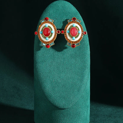 Ethnic Style Bohemia Red Natural Stone Oval Shape Vintage Crystal Antique Earrings