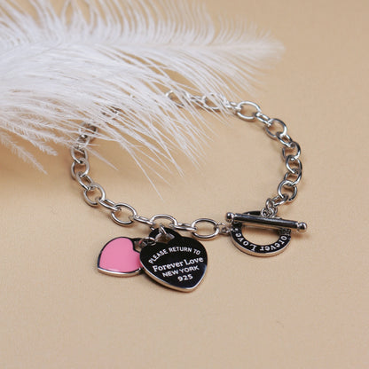 Fashion Stainless Steel Gold Color Double Heart Pendant Design FOREVER LOVE Bracelet Bangle