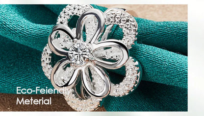 925 Sterling Silver Big Flower Zircon Women Man Fashion Wedding Engagement Party Charm Ring
