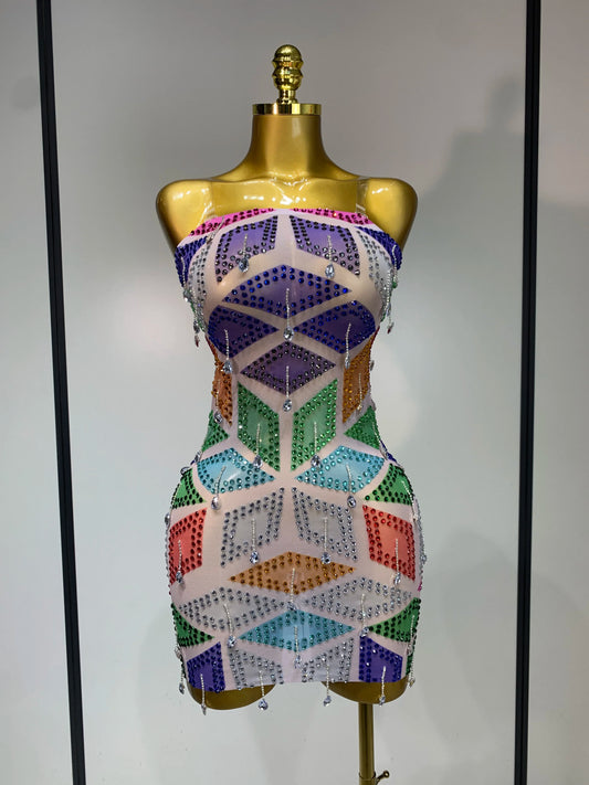 Sparkly Colorful Rhinestones Mini Bodysuit Birthday Party Celebrity Dress