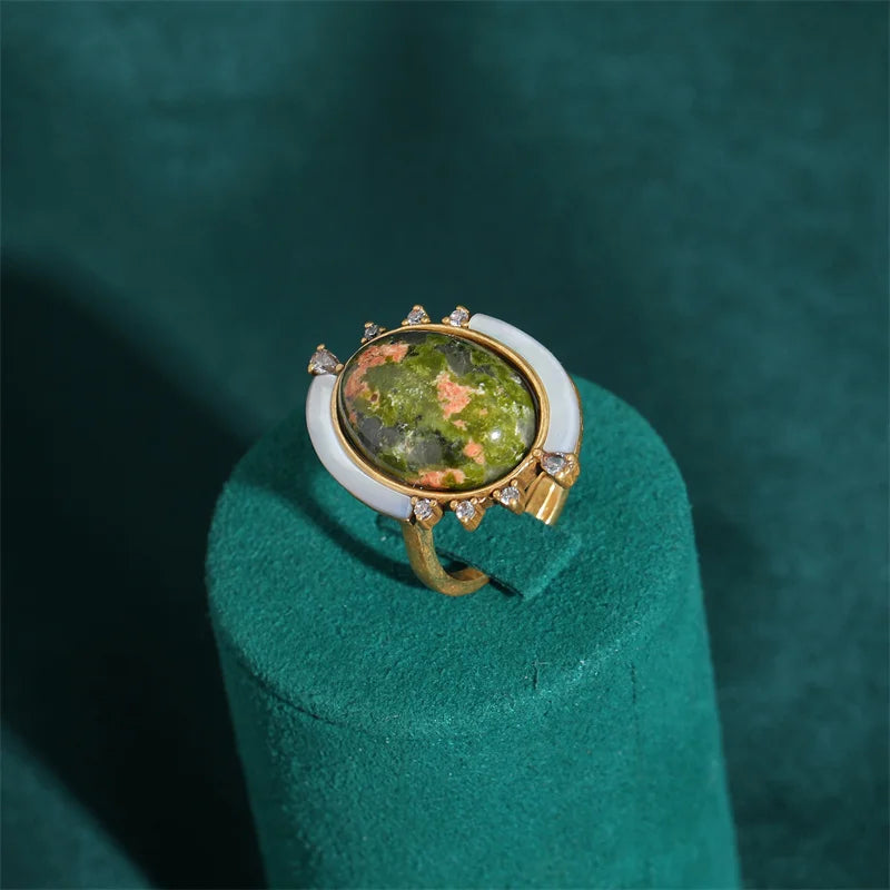 Women Vintage Antique Gold Color Oval Crystal Emerald Round Natural Stone Rings