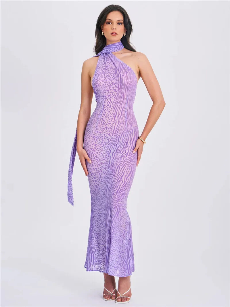 Women Purple Sheer Leopard Print Sexy Maxi Dress Women See Through Halter Draped Sleeveless Backless Bodycon Party Long Dress