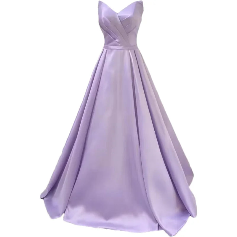 Women Strapless Simple Satin A Line Evening Party Formal Gown Corset Pleat Sweetheart Long Prom Dress w/Pocket