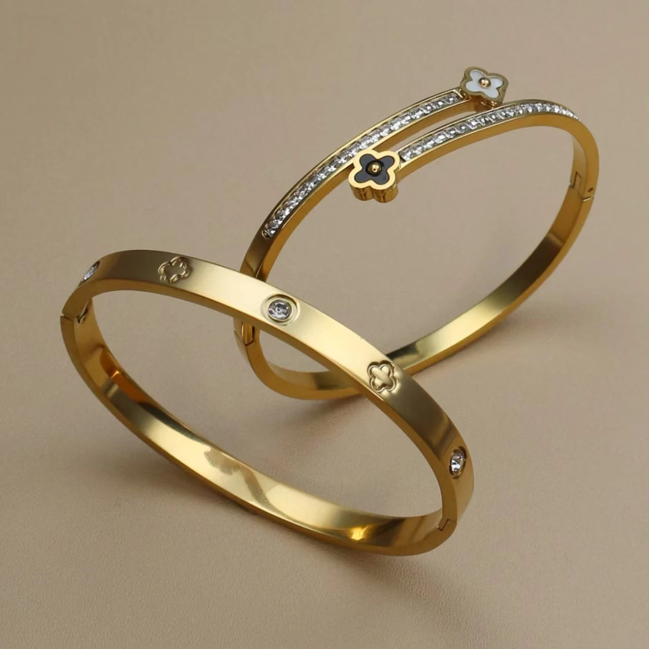 Stainless Steel Bangle Four-leaf Clover Crystal Design Stacking Bracelet Bangle