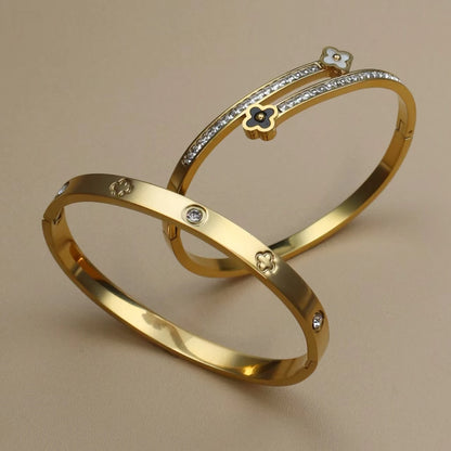 Stainless Steel Bangle Four-leaf Clover Crystal Design Stacking Bracelet Bangle