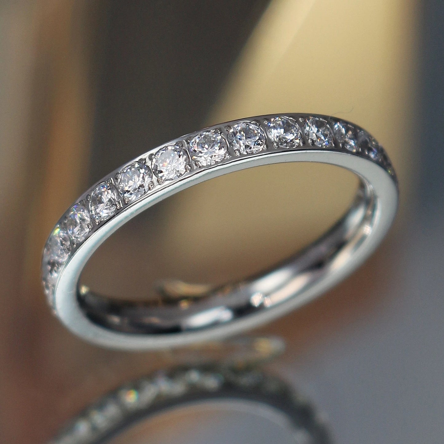 2mm Women 18k gold plated Stainless Steel Crystal CZ Eternity Wedding Ring Gifts