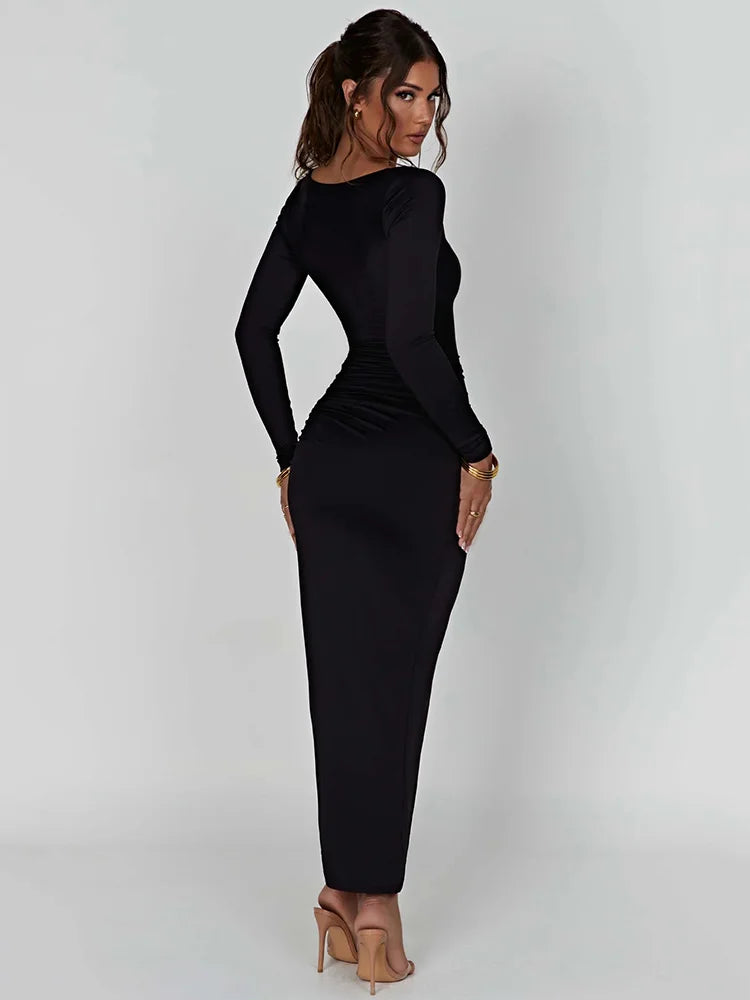 Women Long Sleeve Ruched High Split Maxi Square Collar Drawstring Bodycon Sexy Partyd Dress