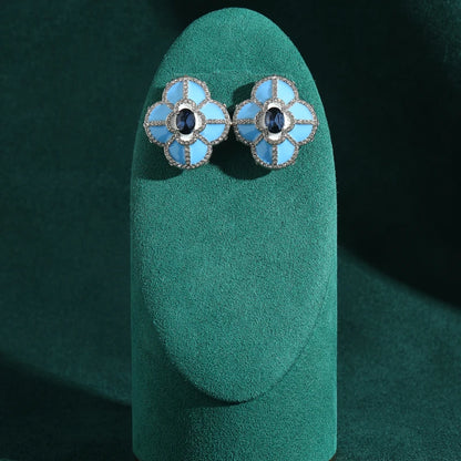 Luxury Designer Large Blue Clover Four Leafs Flower Stud Charms Vintage Earrings