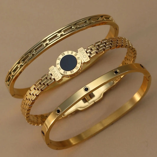 Stainless Steel Zircon Roman Numeral Chain Design Women Bracelet Bangle