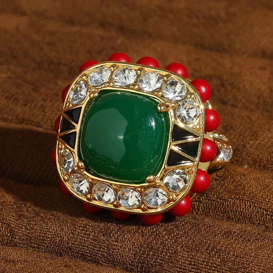 Women Vintage Green Gold Color Square Red Stone Rhinestone Zirconia Ring