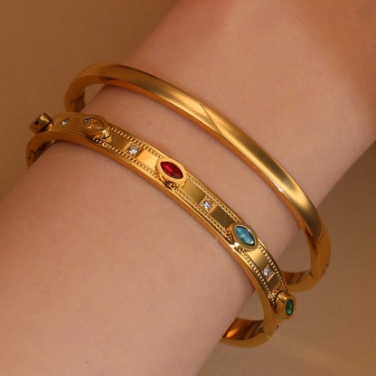 2-in-1 Women 18 K Gold Plated Zircon Stainless Steel Curved Bracelet Gift Bangle