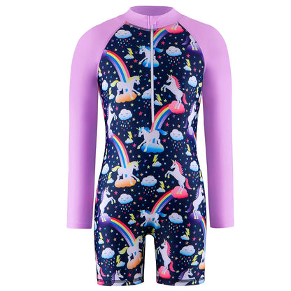Kids Girls One-Piece Long Raglan Sleeve Animal Horse Print Rash Guard Boyleg Shorts Swimwear