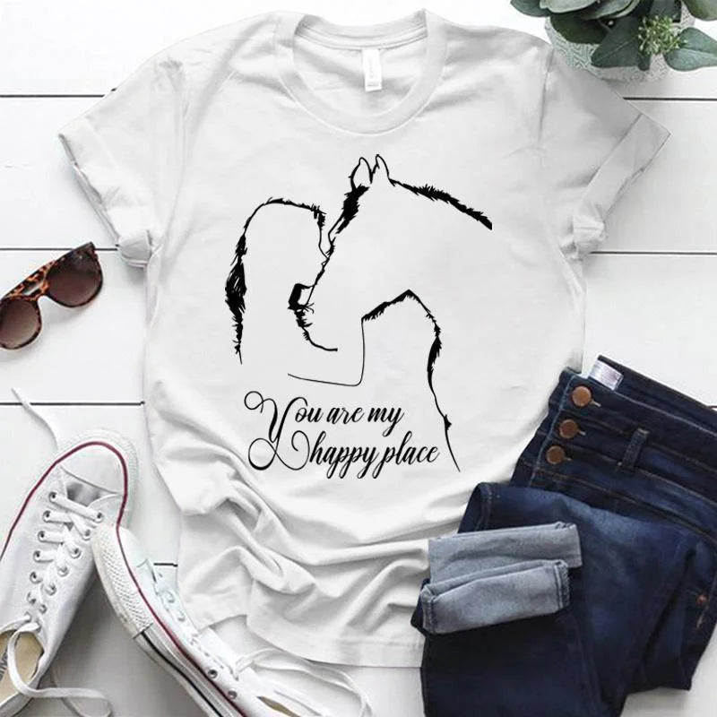 Funny Horse You Are My Happy Place Print Women Short Sleeve Tee Shirts Tops