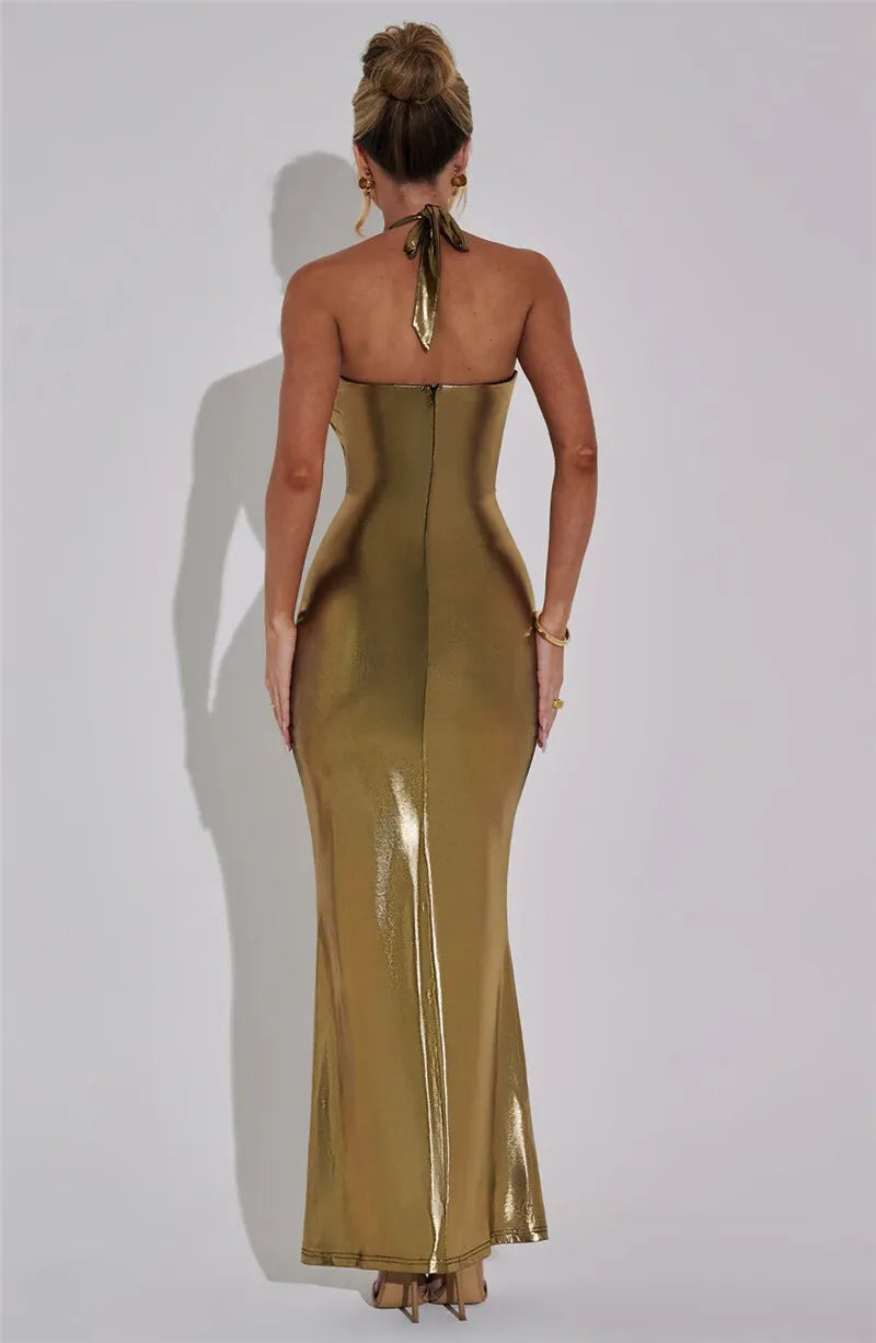 Halter Backless Maxi Shiny Deep V Neck Sleeveless Bodycon Long Dress