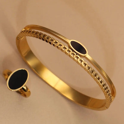 Luxury 2-In-1 Wedding Gold Black Acrylic Stainless Steel Ring Bangles Set