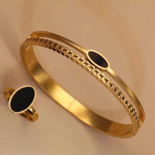 Luxury 2-In-1 Wedding Gold Black Acrylic Stainless Steel Ring Bangles Set
