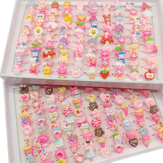 50pcs/Lot Wholesale Mix Style Kids Girls Lovely Open Design All Match Donuts Rabbit Bear Finger Rings