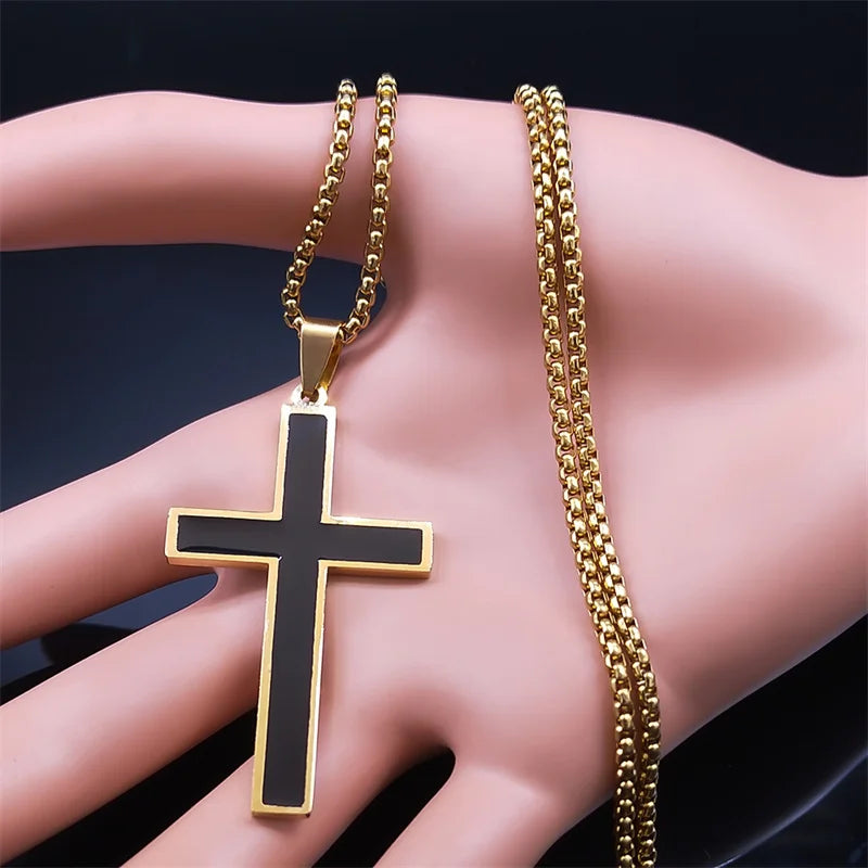 Men Stainless Steel Christian Religious Hip Hop Cross Pendant Necklace