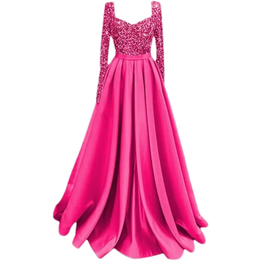 Long Sleeve Sequin Prom Long Satin Women Formal A-Line Evening Party Ball Gown Dress w/ Pockets