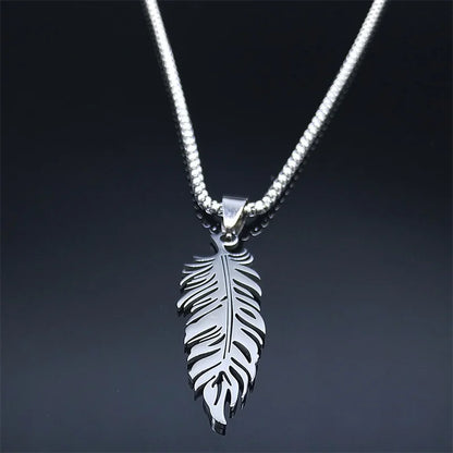 Boho Leaf Feather Women Men Stainless Steel Silver Color Chain Pendant Necklace