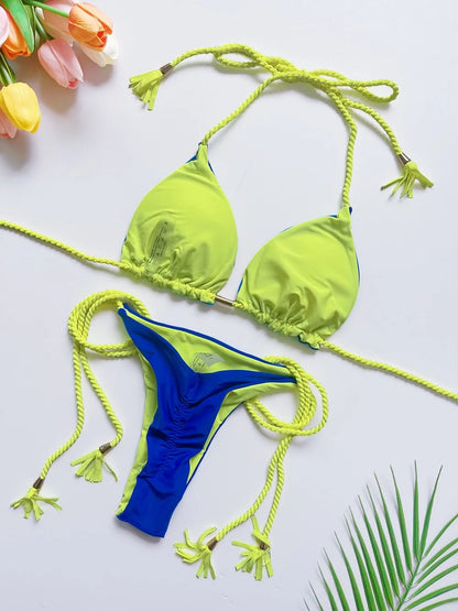 Sexy Solid color Two-piece Triangle Swimwear Braiding Rope Bikini Beach Bathing Brazilian Suit