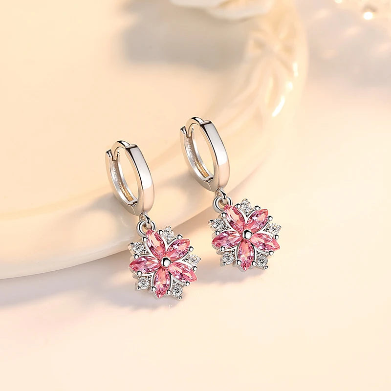 Solid 925 Sterling Silver Crystal Zircon Bridal Wedding Flower Drop Earrings